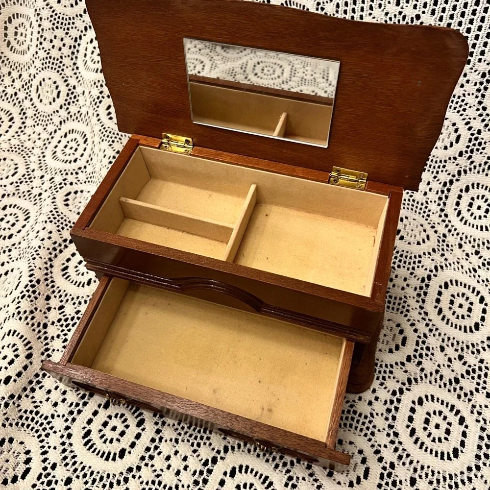 Vintage 1980s Wooden Jewelry Box | Mirror Drawer | Cottage